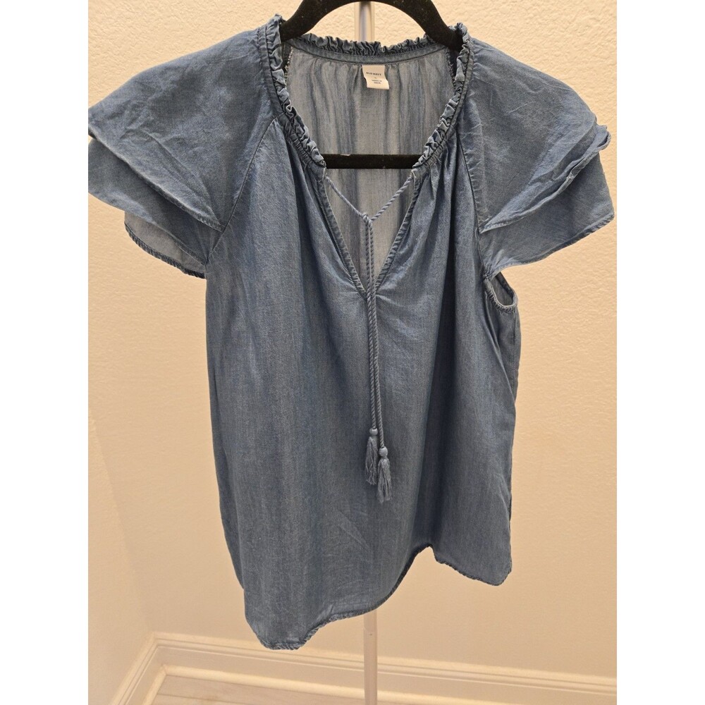 Old Navy Small Chambray Flutter Sleeve Tassel Tie Peasant Denim Top Women's